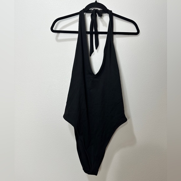 aerie Other - Aerie Women’s Sz XL Black Ribbed Halter Neck Plunge One Piece Swimsuit Low Back